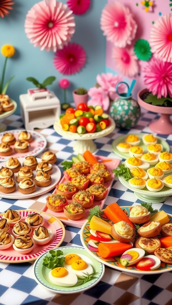 A festive table laid out with a variety of 80s inspired appetizers, including stuffed mushrooms, deviled eggs, and a vegetable platter.